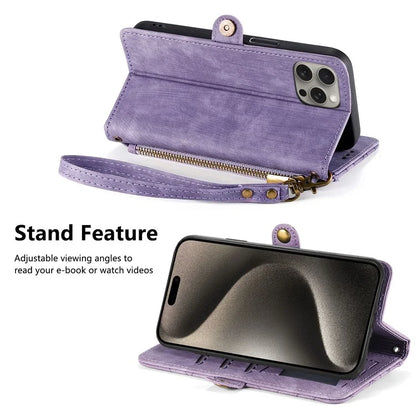 For iPhone 15 Pro Case Geometry Leather Phone Wallet Cover with Wrist Strap