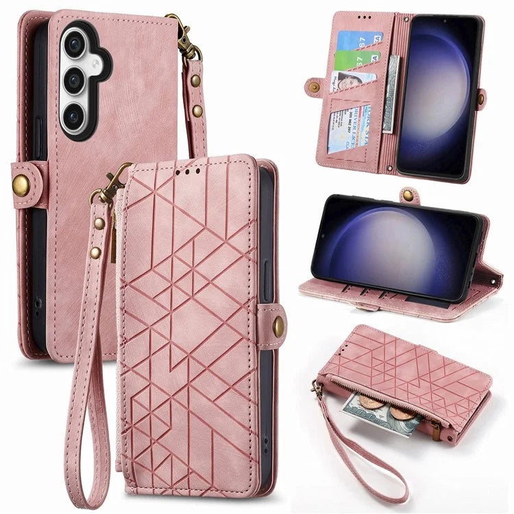 For Samsung Galaxy S23 FE Case Geometry PU Leather Zipper Pocket Phone Cover