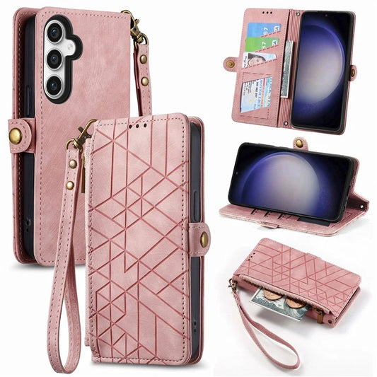 For Samsung Galaxy S23 FE Case Geometry PU Leather Zipper Pocket Phone Cover