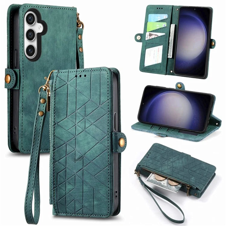 For Samsung Galaxy S23 FE Case Geometry PU Leather Zipper Pocket Phone Cover