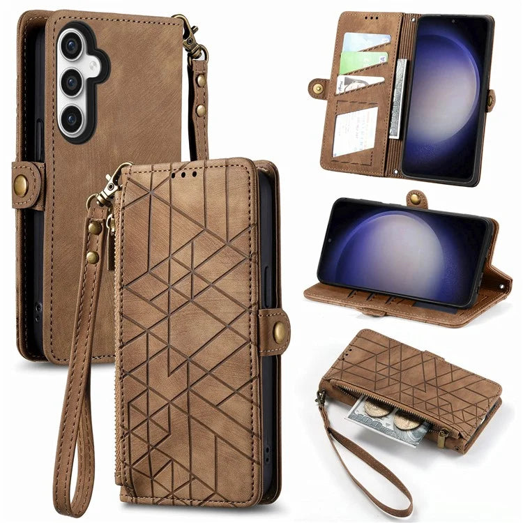 For Samsung Galaxy S23 FE Case Geometry PU Leather Zipper Pocket Phone Cover