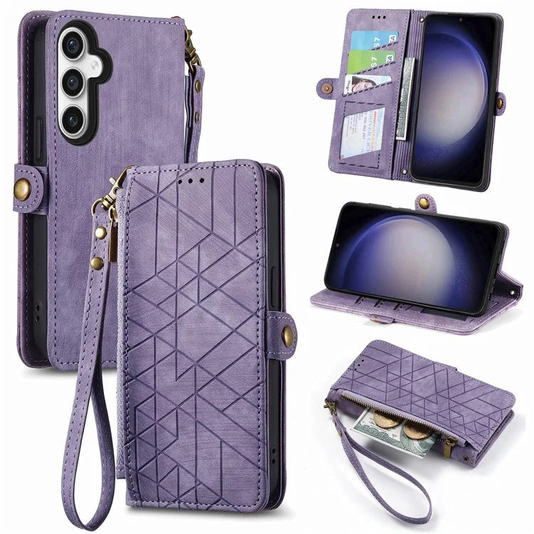 For Samsung Galaxy S23 FE Case Geometry PU Leather Zipper Pocket Phone Cover
