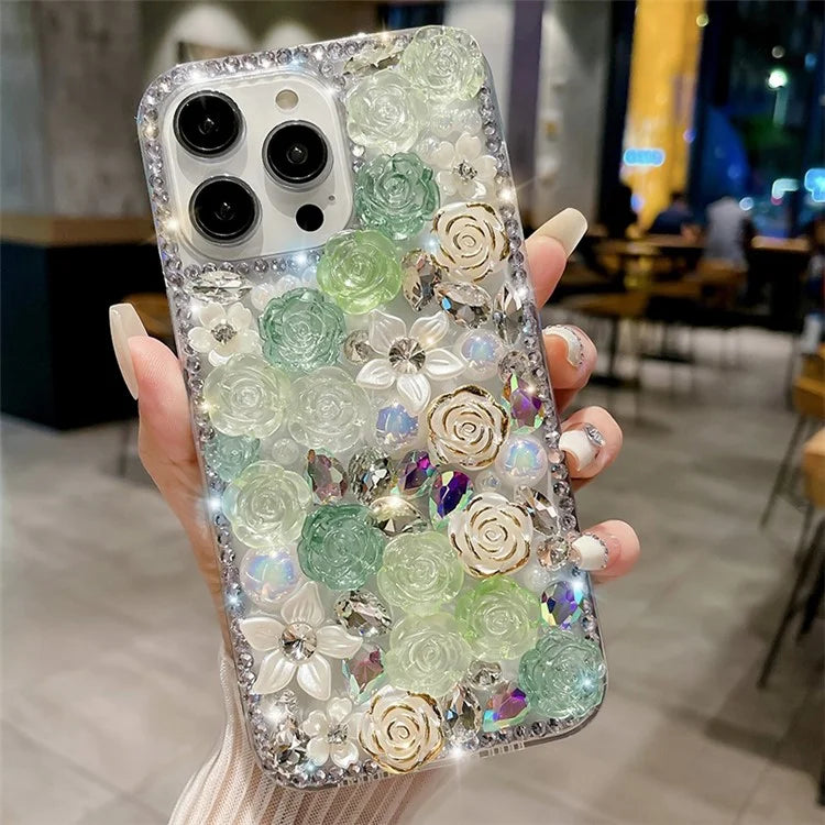 For iPhone 14 Pro Case Rose Rhinestone Decor Protective TPU Phone Cover