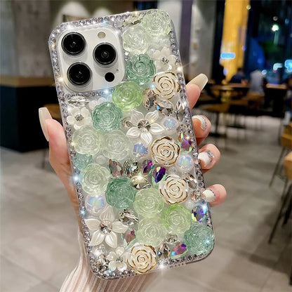 For iPhone 14 Pro Case Rose Rhinestone Decor Protective TPU Phone Cover