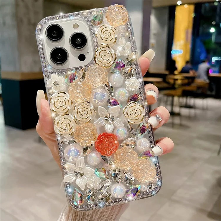For iPhone 14 Pro Case Rose Rhinestone Decor Protective TPU Phone Cover