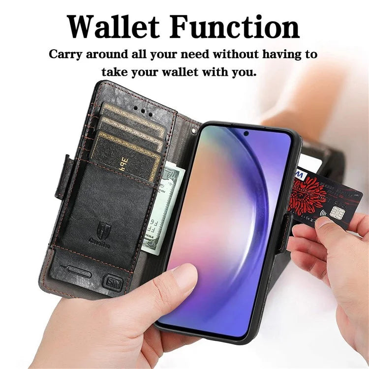 CASENEO 002 Series For Samsung Galaxy A55 5G Shockproof PU Leather Wallet Stand Phone Case RFID Blocking Phone Cover
