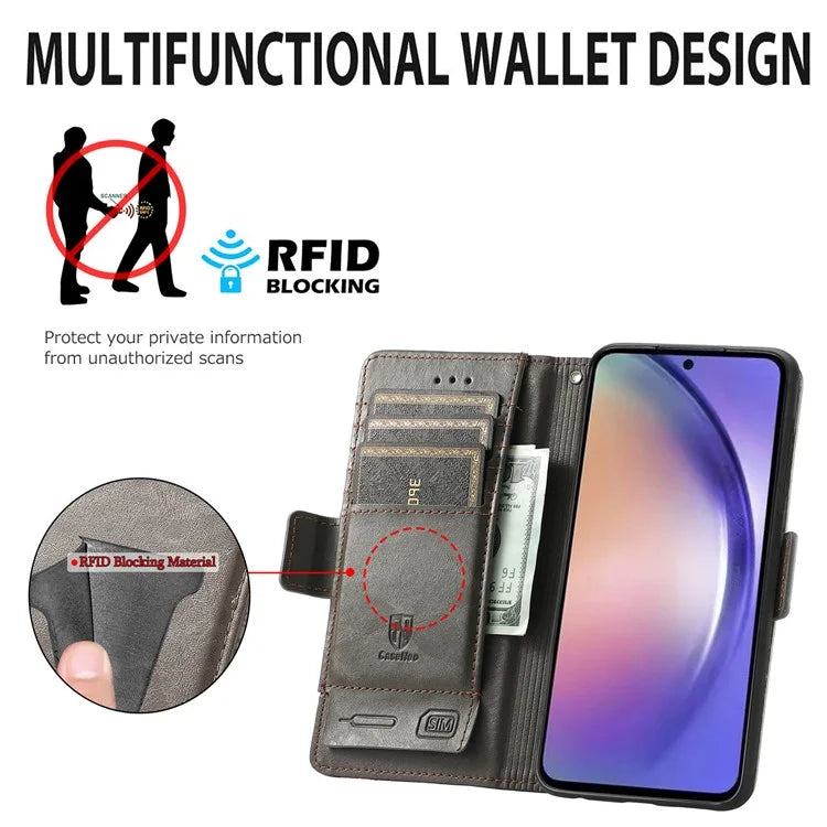 CASENEO 002 Series For Samsung Galaxy A55 5G Shockproof PU Leather Wallet Stand Phone Case RFID Blocking Phone Cover