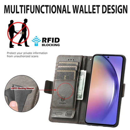 CASENEO 002 Series For Samsung Galaxy A55 5G Shockproof PU Leather Wallet Stand Phone Case RFID Blocking Phone Cover