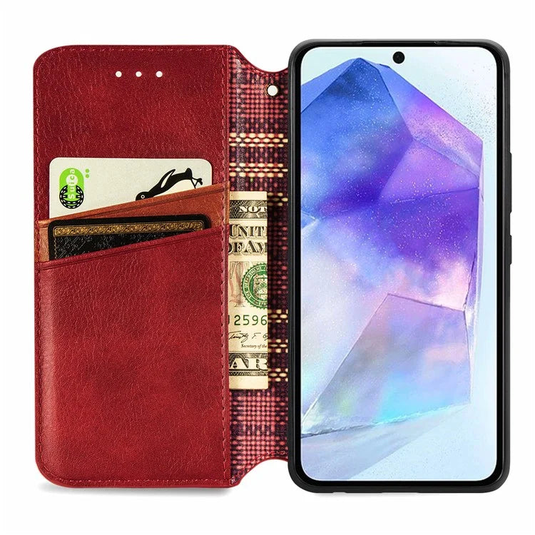 For Samsung Galaxy A55 5G Cell Phone Case Rhombus Imprinted Leather Wallet Stand Cover