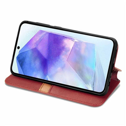 For Samsung Galaxy A55 5G Cell Phone Case Rhombus Imprinted Leather Wallet Stand Cover
