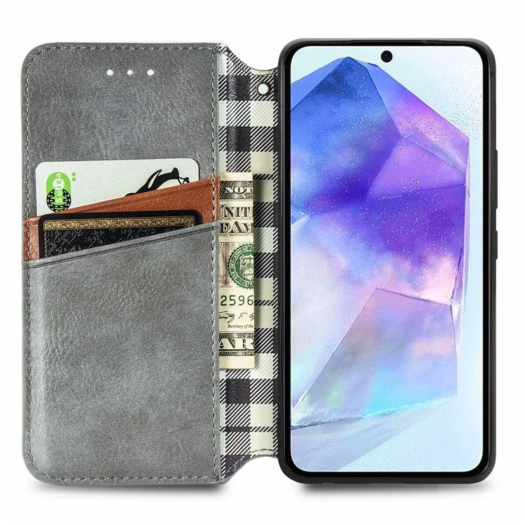 For Samsung Galaxy A55 5G Cell Phone Case Rhombus Imprinted Leather Wallet Stand Cover