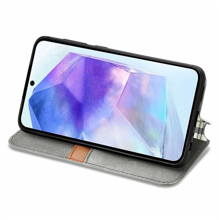 For Samsung Galaxy A55 5G Cell Phone Case Rhombus Imprinted Leather Wallet Stand Cover