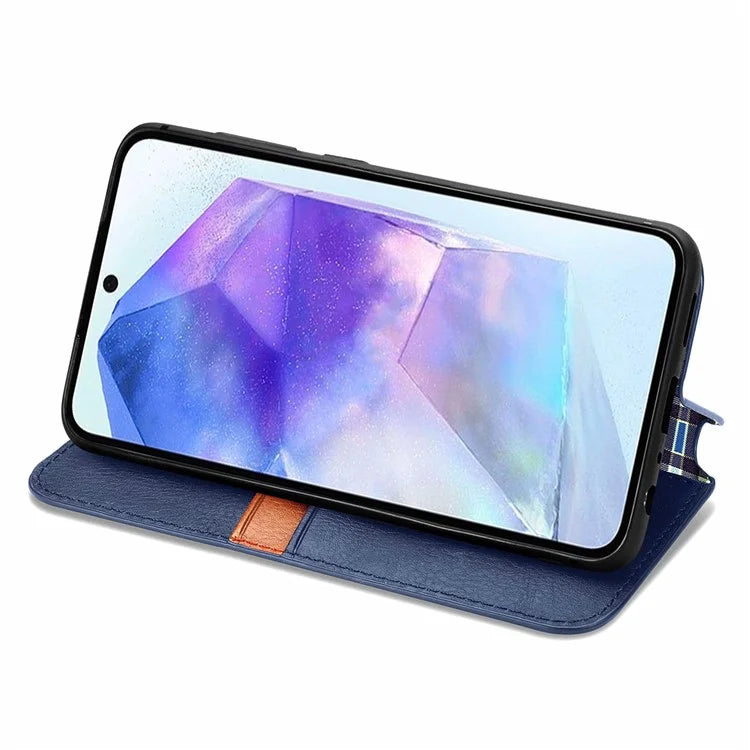 For Samsung Galaxy A55 5G Cell Phone Case Rhombus Imprinted Leather Wallet Stand Cover
