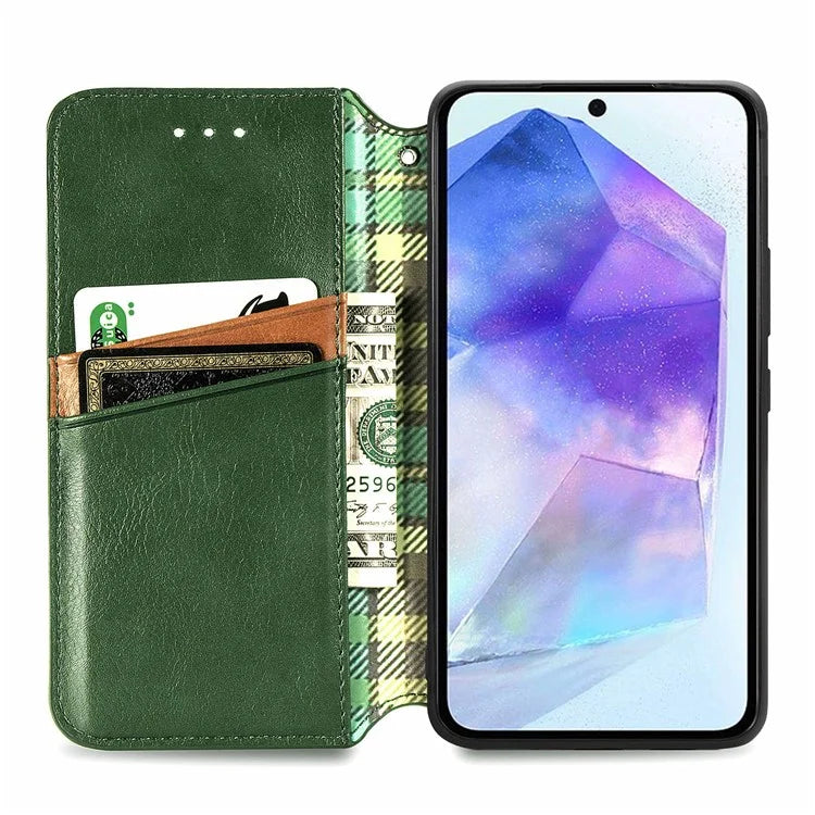 For Samsung Galaxy A55 5G Cell Phone Case Rhombus Imprinted Leather Wallet Stand Cover