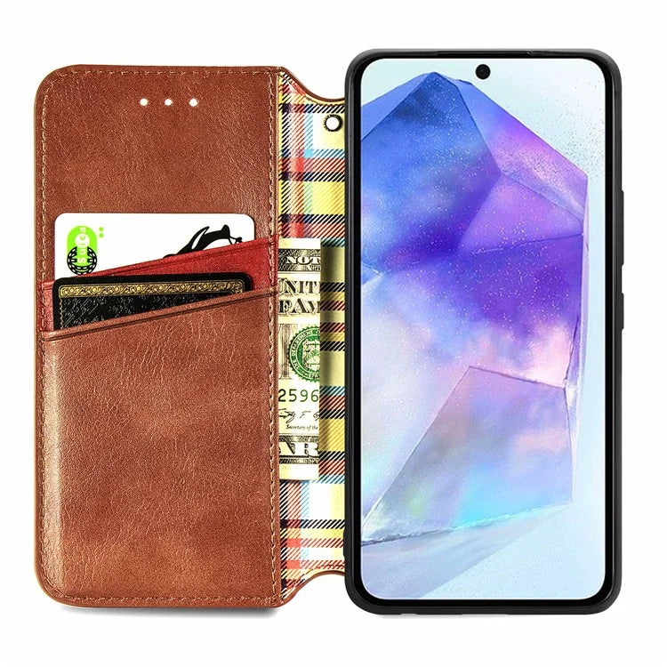 For Samsung Galaxy A55 5G Cell Phone Case Rhombus Imprinted Leather Wallet Stand Cover