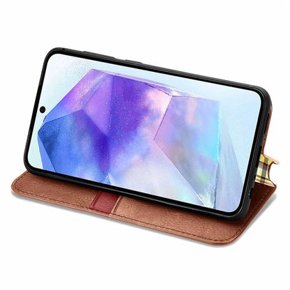 For Samsung Galaxy A55 5G Cell Phone Case Rhombus Imprinted Leather Wallet Stand Cover