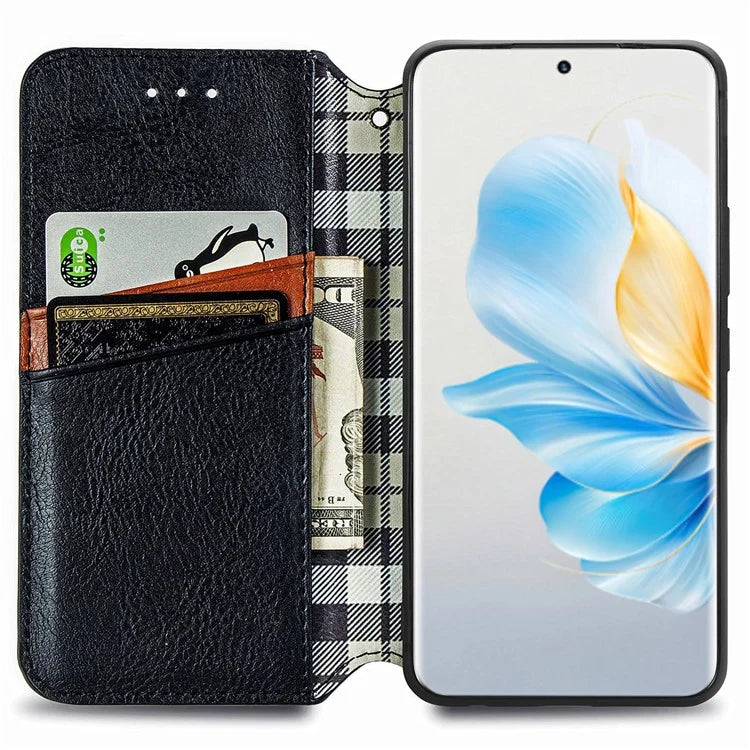 For Honor 100 5G Imprinted Rhombus Phone Case Slim-Fit PU Leather Wallet Flip Cover