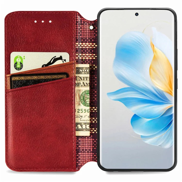 For Honor 100 5G Imprinted Rhombus Phone Case Slim-Fit PU Leather Wallet Flip Cover