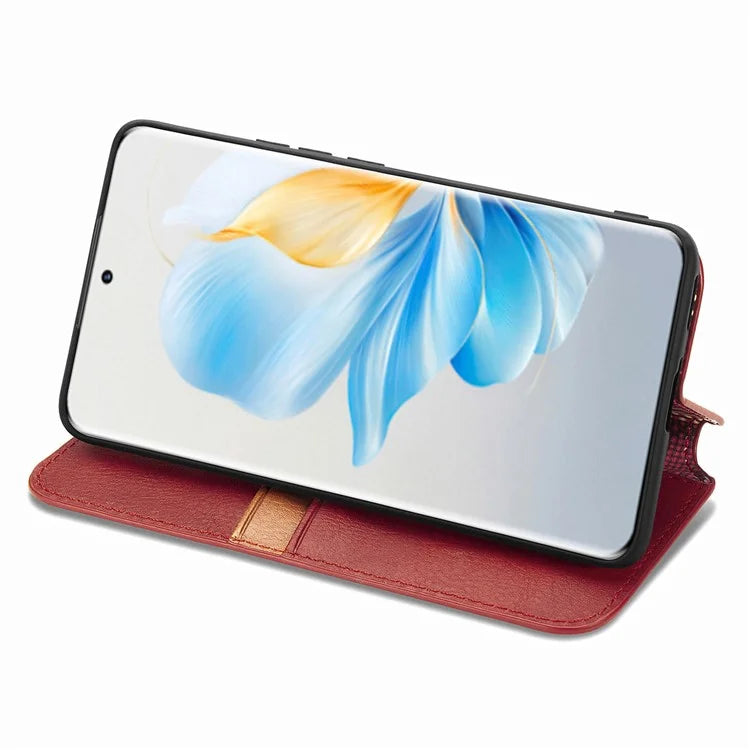 For Honor 100 5G Imprinted Rhombus Phone Case Slim-Fit PU Leather Wallet Flip Cover