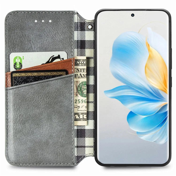 For Honor 100 5G Imprinted Rhombus Phone Case Slim-Fit PU Leather Wallet Flip Cover