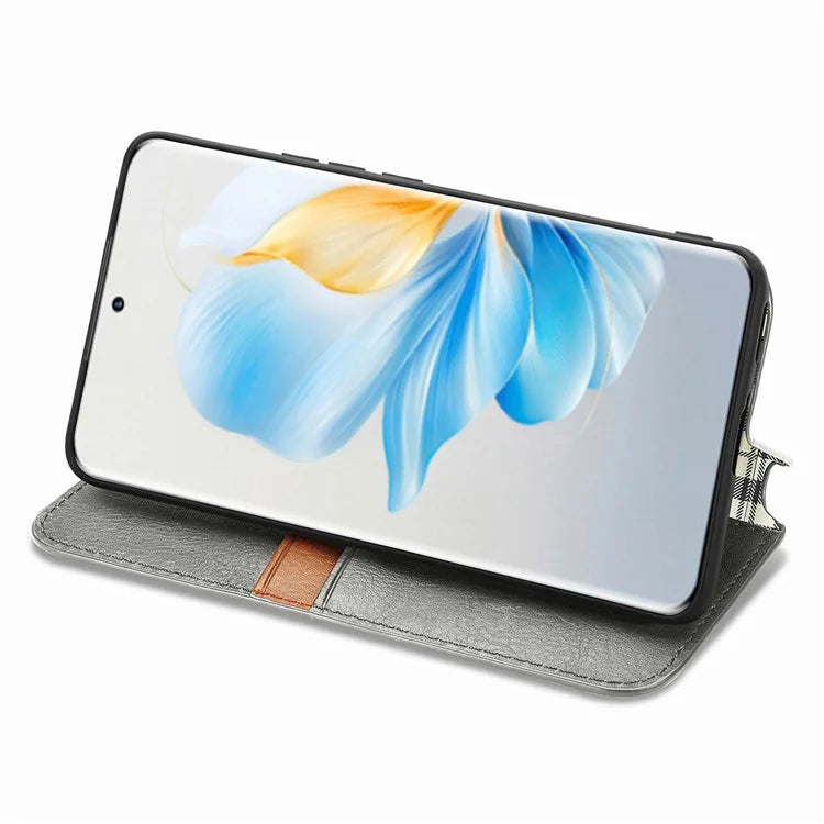 For Honor 100 5G Imprinted Rhombus Phone Case Slim-Fit PU Leather Wallet Flip Cover