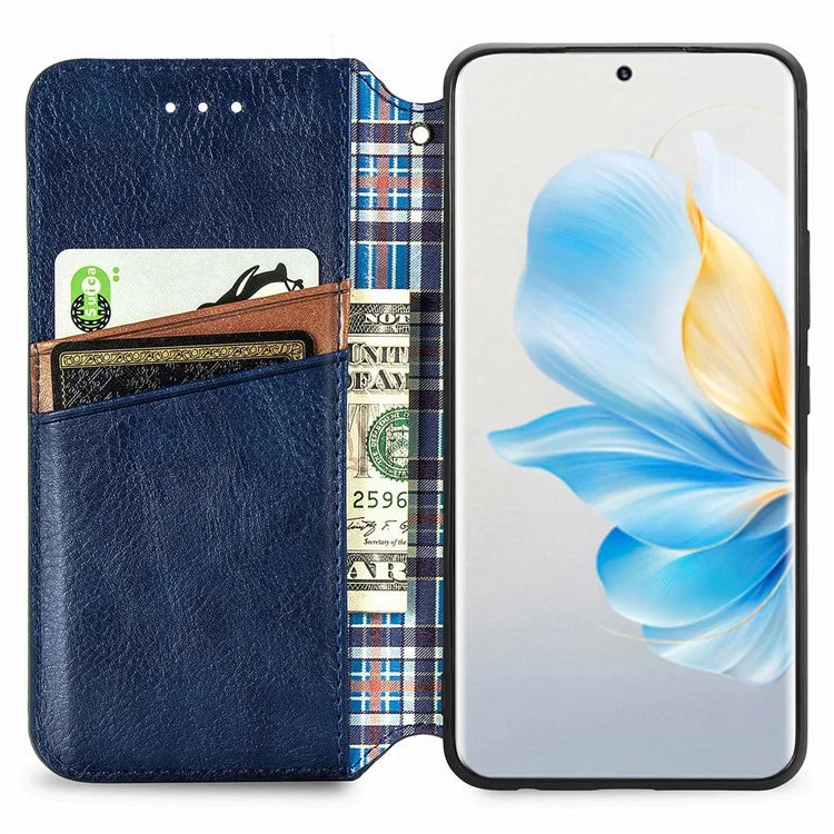 For Honor 100 5G Imprinted Rhombus Phone Case Slim-Fit PU Leather Wallet Flip Cover