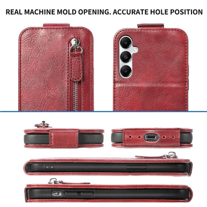 For Samsung Galaxy A55 5G Pure Color Phone Cover Vertical Flip Zipper Pocket PU Leather Phone Case