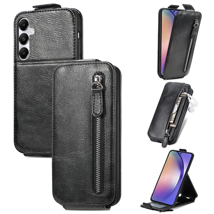 For Samsung Galaxy A55 5G Pure Color Phone Cover Vertical Flip Zipper Pocket PU Leather Phone Case