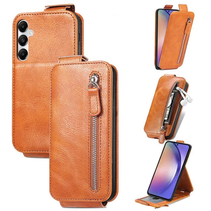 For Samsung Galaxy A55 5G Pure Color Phone Cover Vertical Flip Zipper Pocket PU Leather Phone Case