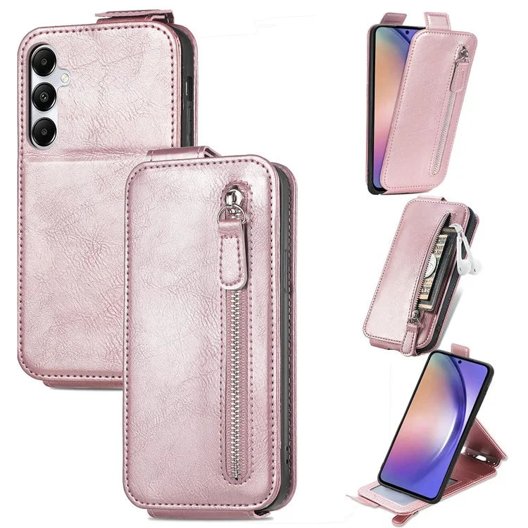 For Samsung Galaxy A55 5G Pure Color Phone Cover Vertical Flip Zipper Pocket PU Leather Phone Case