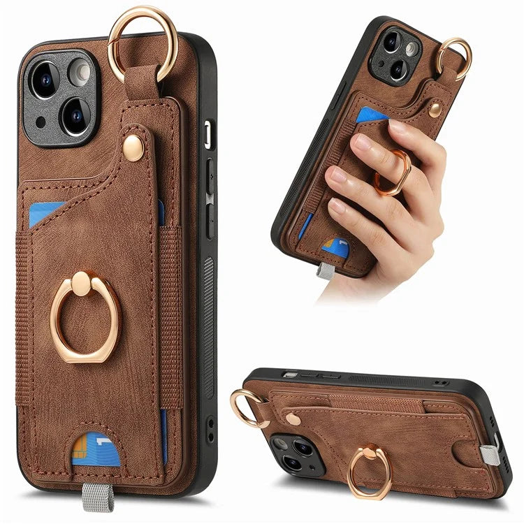 For iPhone 13 Supporting Kickstand Phone Case TPU+PU Leather Card Holder Phone Shell