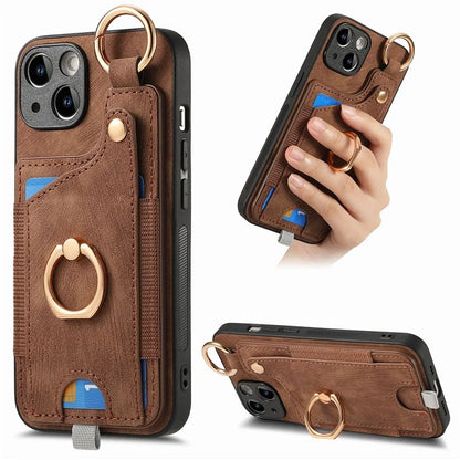 For iPhone 13 Supporting Kickstand Phone Case TPU+PU Leather Card Holder Phone Shell