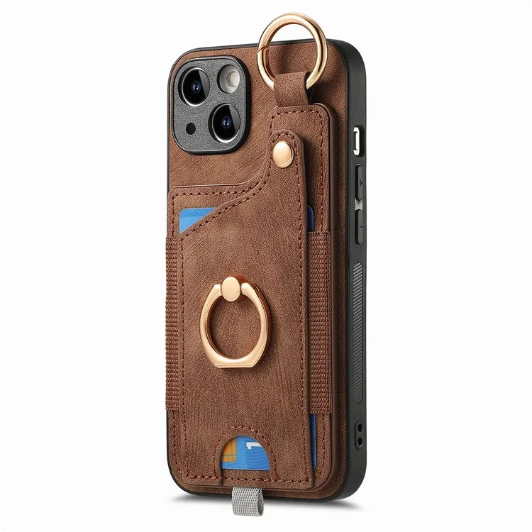 For iPhone 13 Supporting Kickstand Phone Case TPU+PU Leather Card Holder Phone Shell