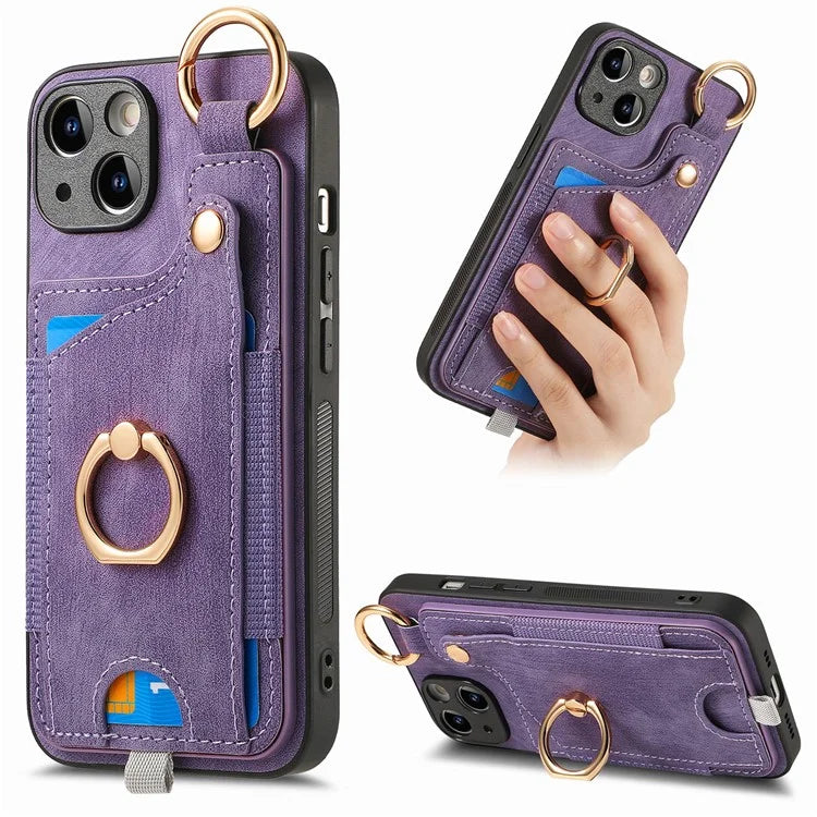For iPhone 13 Supporting Kickstand Phone Case TPU+PU Leather Card Holder Phone Shell