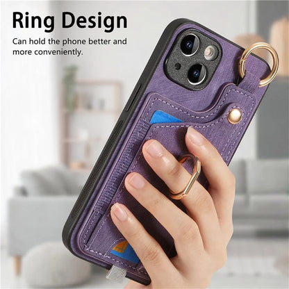 For iPhone 13 Supporting Kickstand Phone Case TPU+PU Leather Card Holder Phone Shell