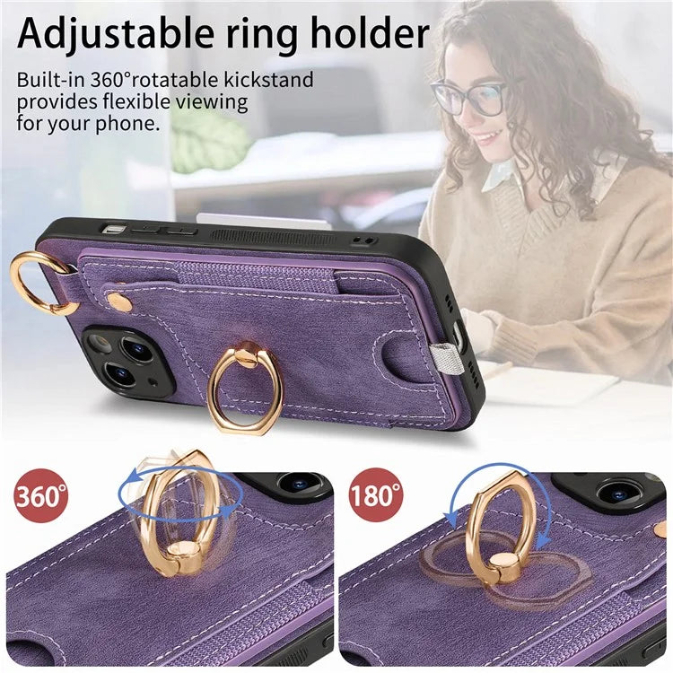 For iPhone 13 Supporting Kickstand Phone Case TPU+PU Leather Card Holder Phone Shell