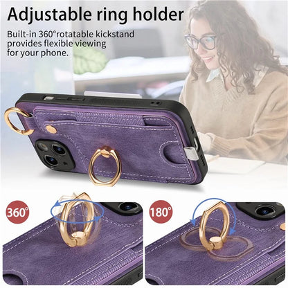 For iPhone 13 Supporting Kickstand Phone Case TPU+PU Leather Card Holder Phone Shell