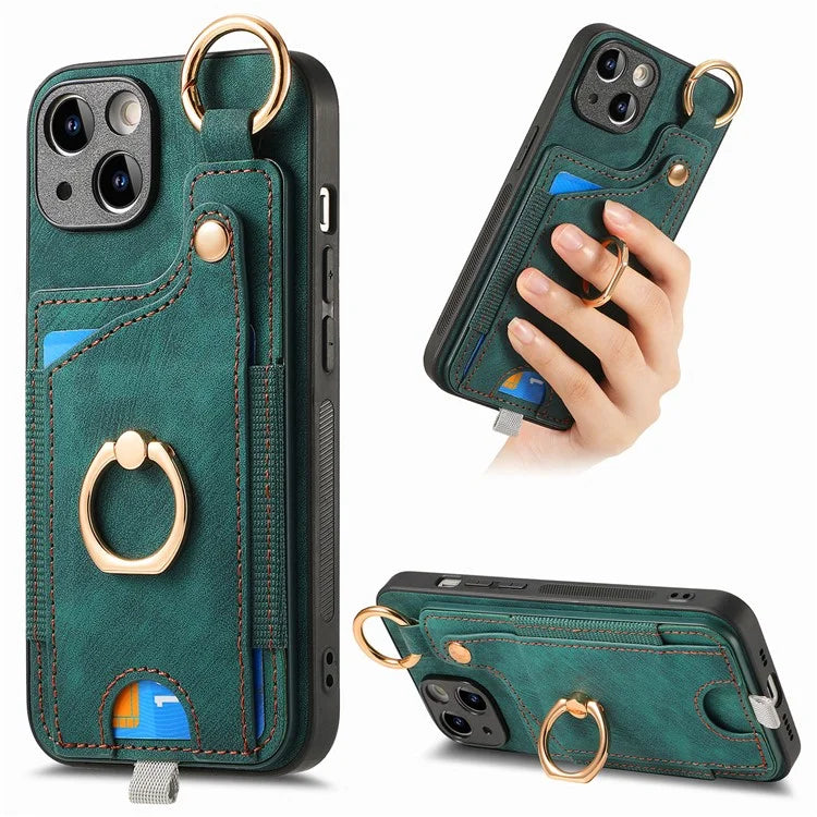 For iPhone 13 Supporting Kickstand Phone Case TPU+PU Leather Card Holder Phone Shell
