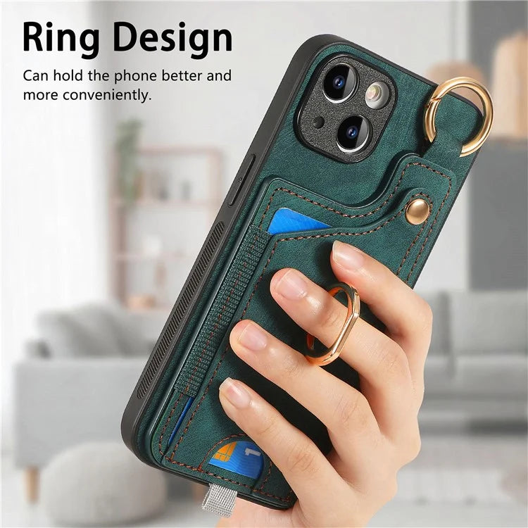 For iPhone 13 Supporting Kickstand Phone Case TPU+PU Leather Card Holder Phone Shell