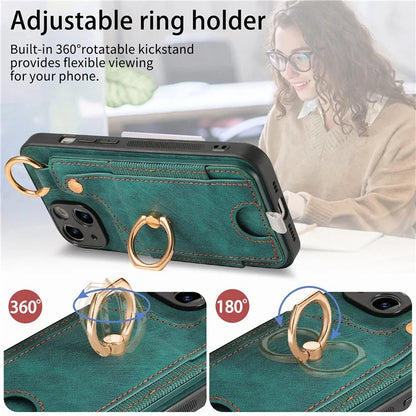 For iPhone 13 Supporting Kickstand Phone Case TPU+PU Leather Card Holder Phone Shell