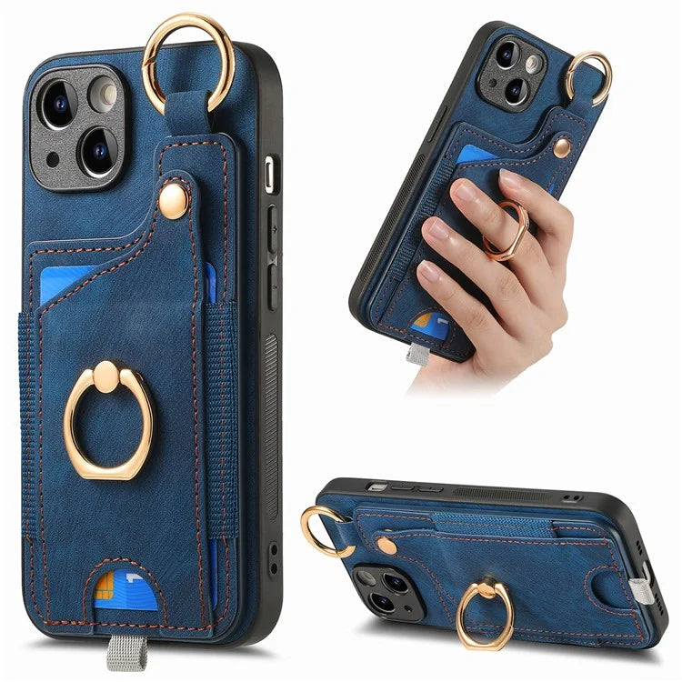 For iPhone 13 Supporting Kickstand Phone Case TPU+PU Leather Card Holder Phone Shell