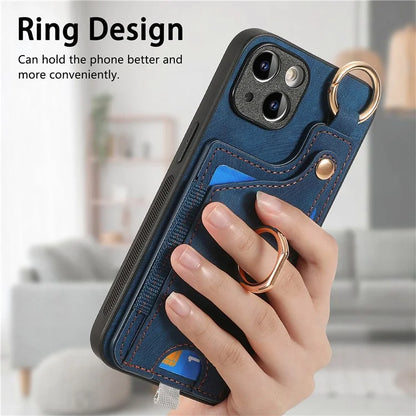For iPhone 13 Supporting Kickstand Phone Case TPU+PU Leather Card Holder Phone Shell