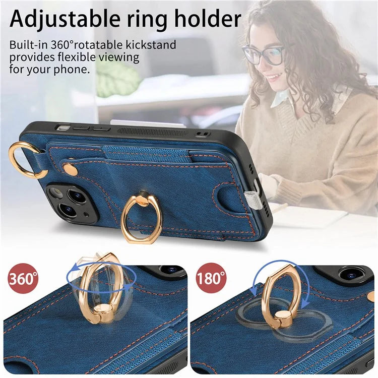 For iPhone 13 Supporting Kickstand Phone Case TPU+PU Leather Card Holder Phone Shell