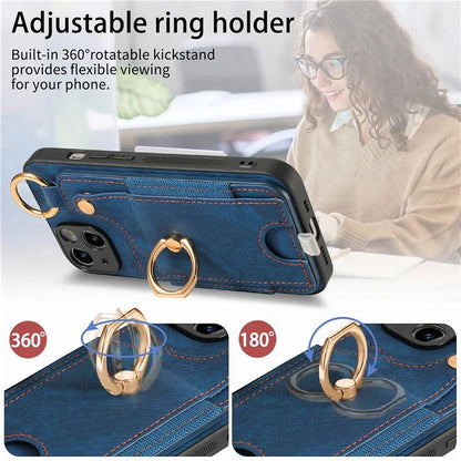 For iPhone 13 Supporting Kickstand Phone Case TPU+PU Leather Card Holder Phone Shell