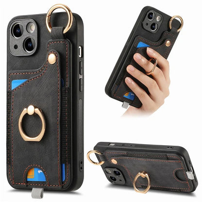 For iPhone 13 Supporting Kickstand Phone Case TPU+PU Leather Card Holder Phone Shell