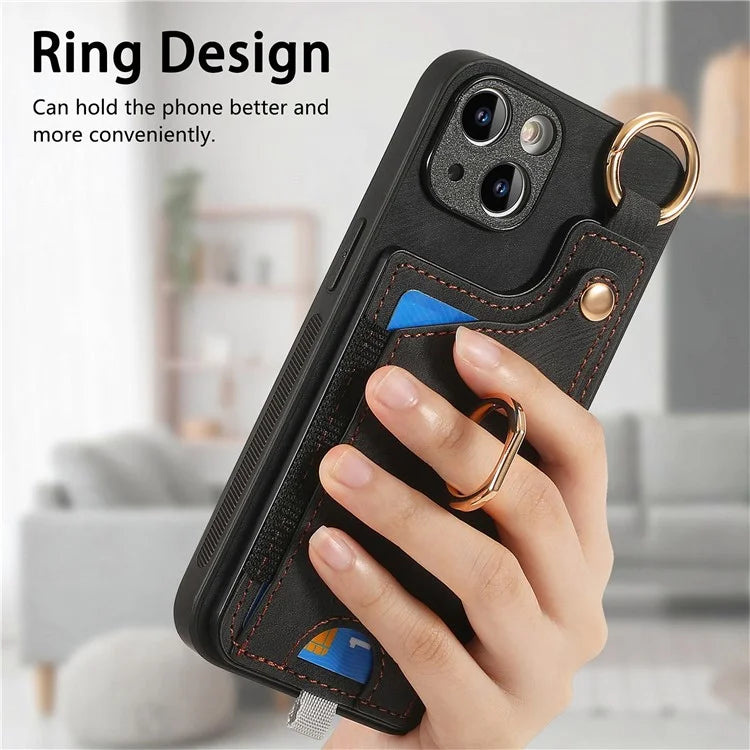 For iPhone 13 Supporting Kickstand Phone Case TPU+PU Leather Card Holder Phone Shell