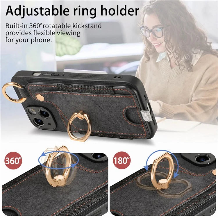 For iPhone 13 Supporting Kickstand Phone Case TPU+PU Leather Card Holder Phone Shell