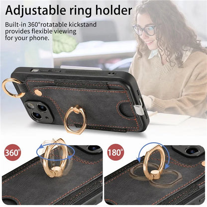 For iPhone 13 Supporting Kickstand Phone Case TPU+PU Leather Card Holder Phone Shell
