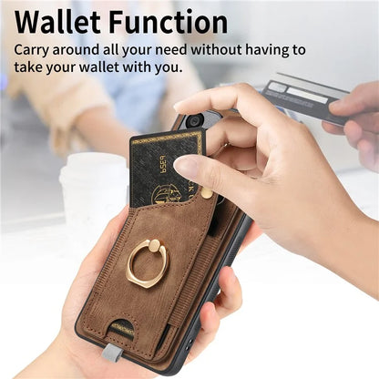 For Samsung Galaxy A14 4G / 5G Case Ring Kickstand Leather Retro Back Cover with Card Holder