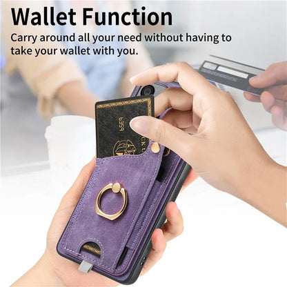 For Samsung Galaxy A14 4G / 5G Case Ring Kickstand Leather Retro Back Cover with Card Holder